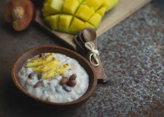 Exotic cinnamon coconut milk rice and beans dessert